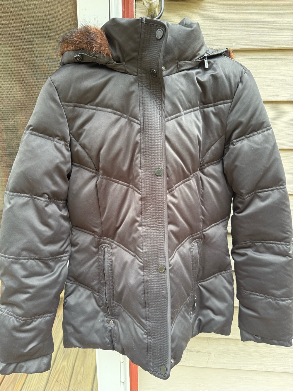 Calvin Klein Black Faux-Fur Lined Puffer Jacket. Satin type outer shell